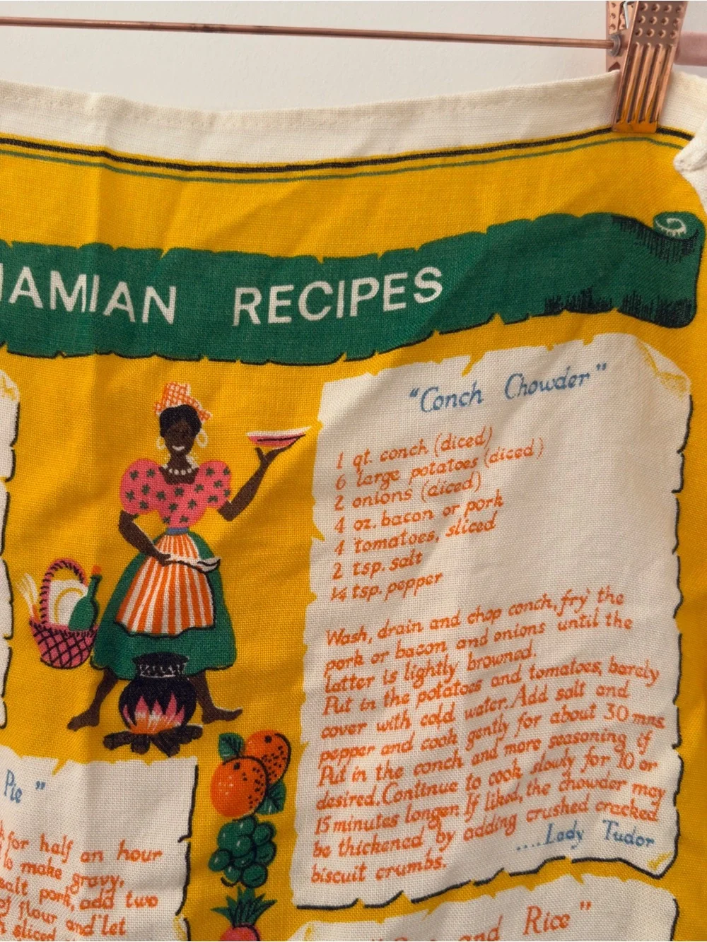 Vintage 1970s Bahamian Recipes Decorative Tea Towel Yellow Caribbean Cooking